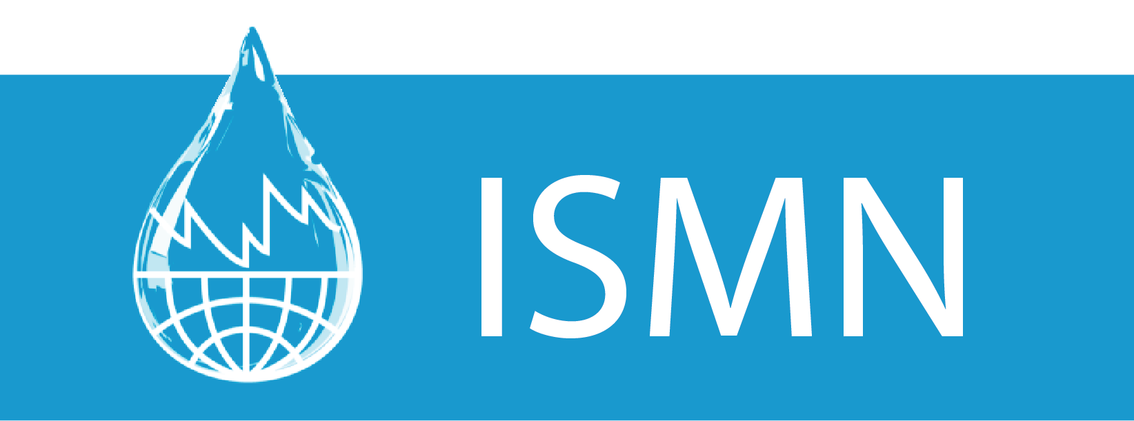 White ISMN logo with a stylized drop shape containing a globe and a mountain on a blue background