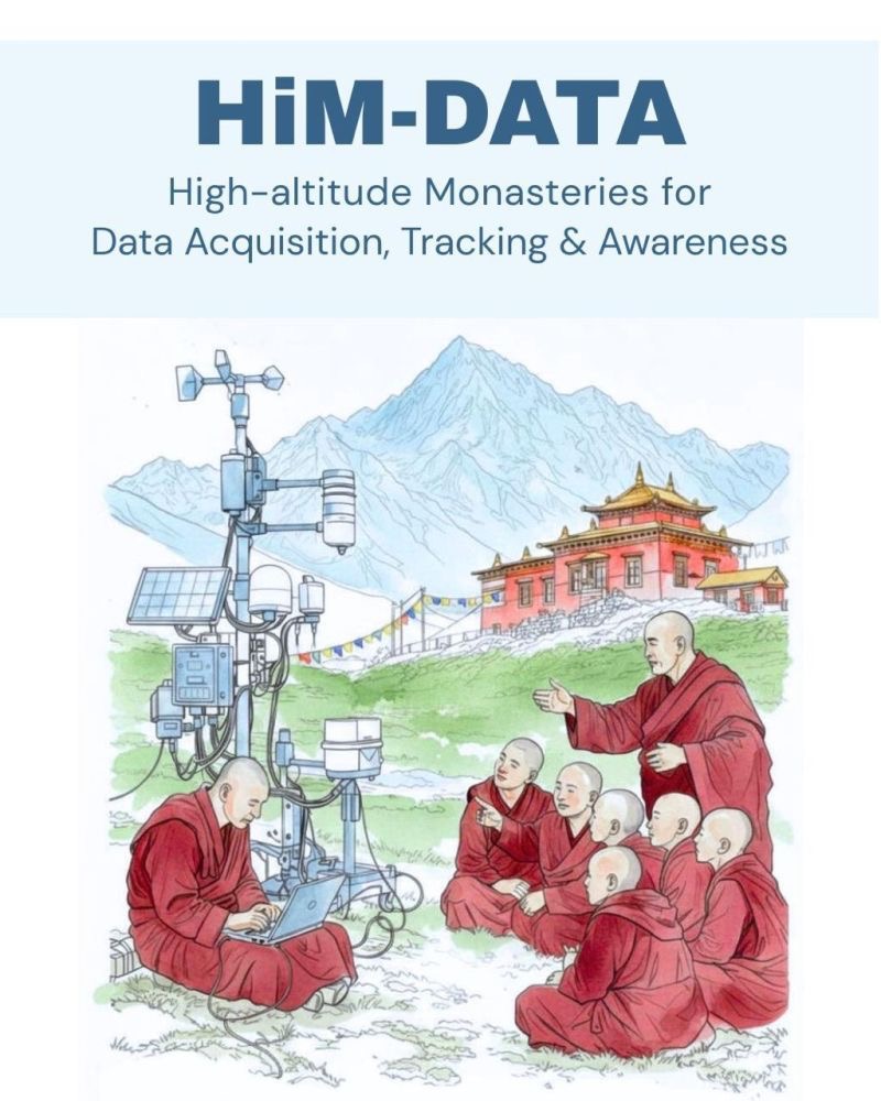 Logo of the HiM-Data project. It shows a group of monks in robes sitting outdoors around a laptop and scientific equipment with a monastery and mountains in the background.